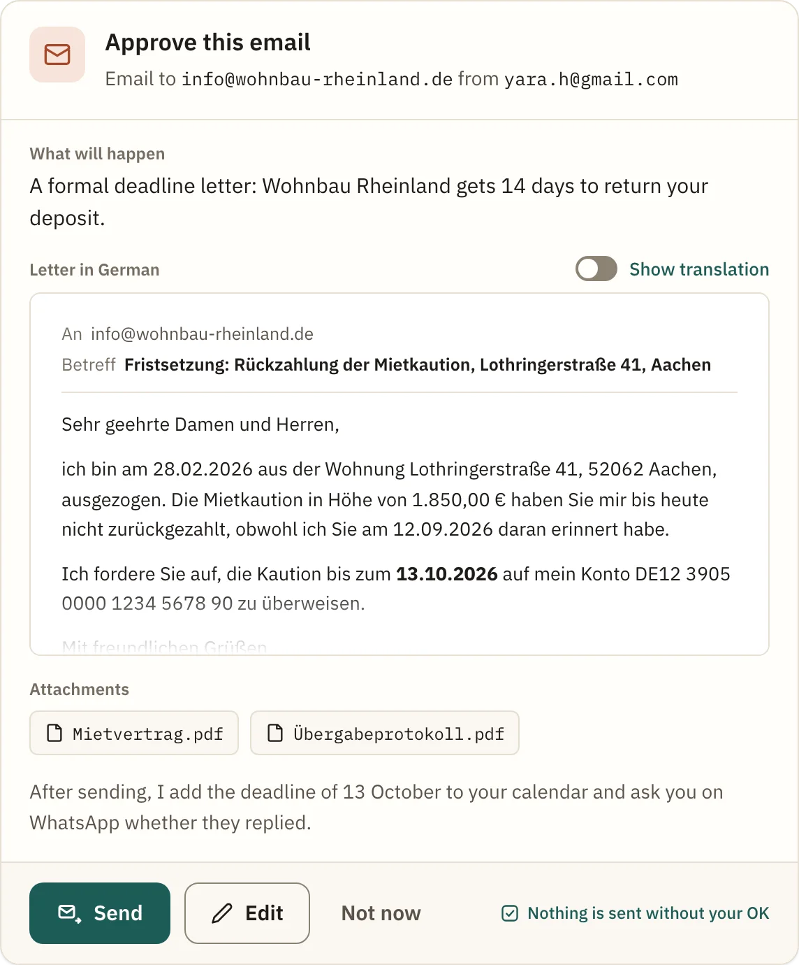 The approval card: a formal deadline letter to Wohnbau Rheinland, the German text, attachments and the Send button.