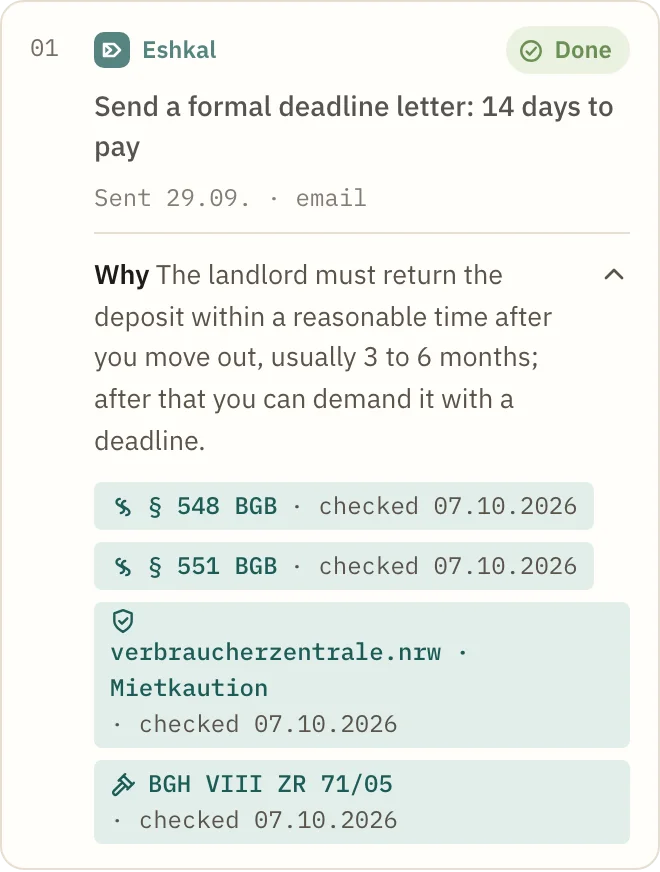 A plan step with its why block and four official sources, each checked on 07.10.2026.